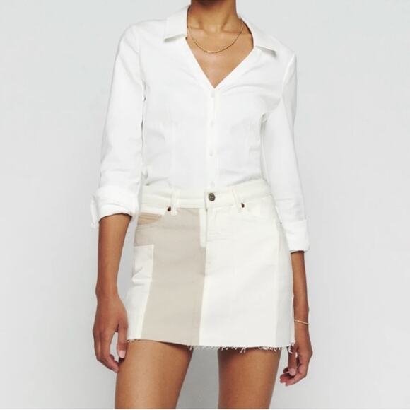 Reformation Women’s Lydia High Rise Ivory Patchwork CreamDenim Mini Skirt 28